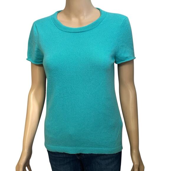 J Crew Cashmere Short Sleeve Sweater Medium Turquoise Minimalist Classic Preppy - Picture 1 of 12